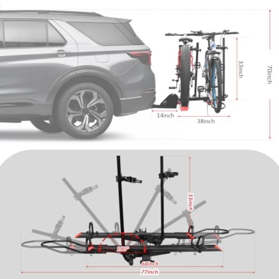 

Hitch Mount Bike Rack with 200 Lbs Capacity for 2 EBikes Platform Design Fits 2inch Receiver Compatible with Fat Tire and Stand United States