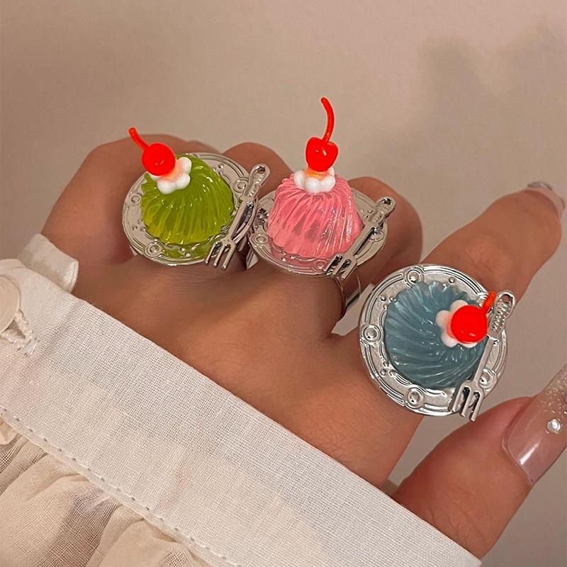Creative Strawberry Mousse Cake Rings Jelly Pudding Ice Cream Cherry Fruit Ring Exaggerated Vintage Chunky Girls Finger Rings