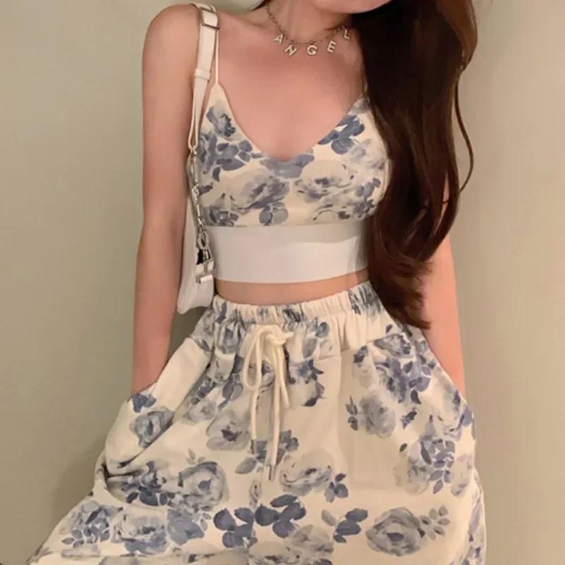 Korea 2 Piece Sets Females Outifits Summer Clothes Floral V-Neck Spaghetti Strap Camisole and Drawstring Elastic Waist Pants