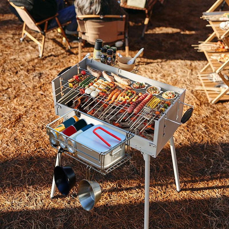Foldable Basket Table Side Rack Stainless Steel Storage Rack Portable Organizer For Beach Backyard BBQ