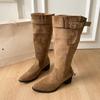 Large Tube Cow Suede Long Tube Boots  Spring Summer Retro Block Heel Skinny Pointed Toe Belt Buckle Pleated Pile Boots Women