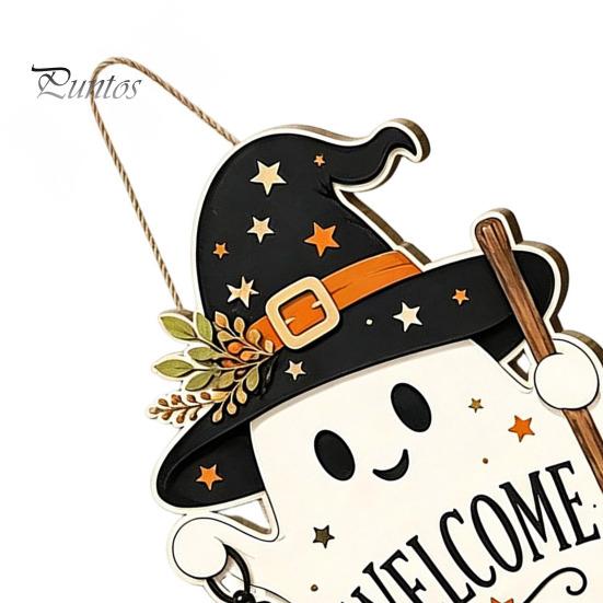 Seasonal Home Accents Halloween Wooden Ghost Welcome Sign for Front Door, Rustic Cartoon Hanging Trick or Treat Plaque with Pumpkin Wizard Hat