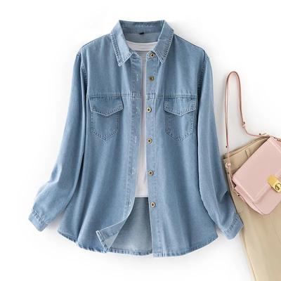 Women's Lightweight Denim Shirt Long Sleeve Loose Fit Casual Button-Up Blouse