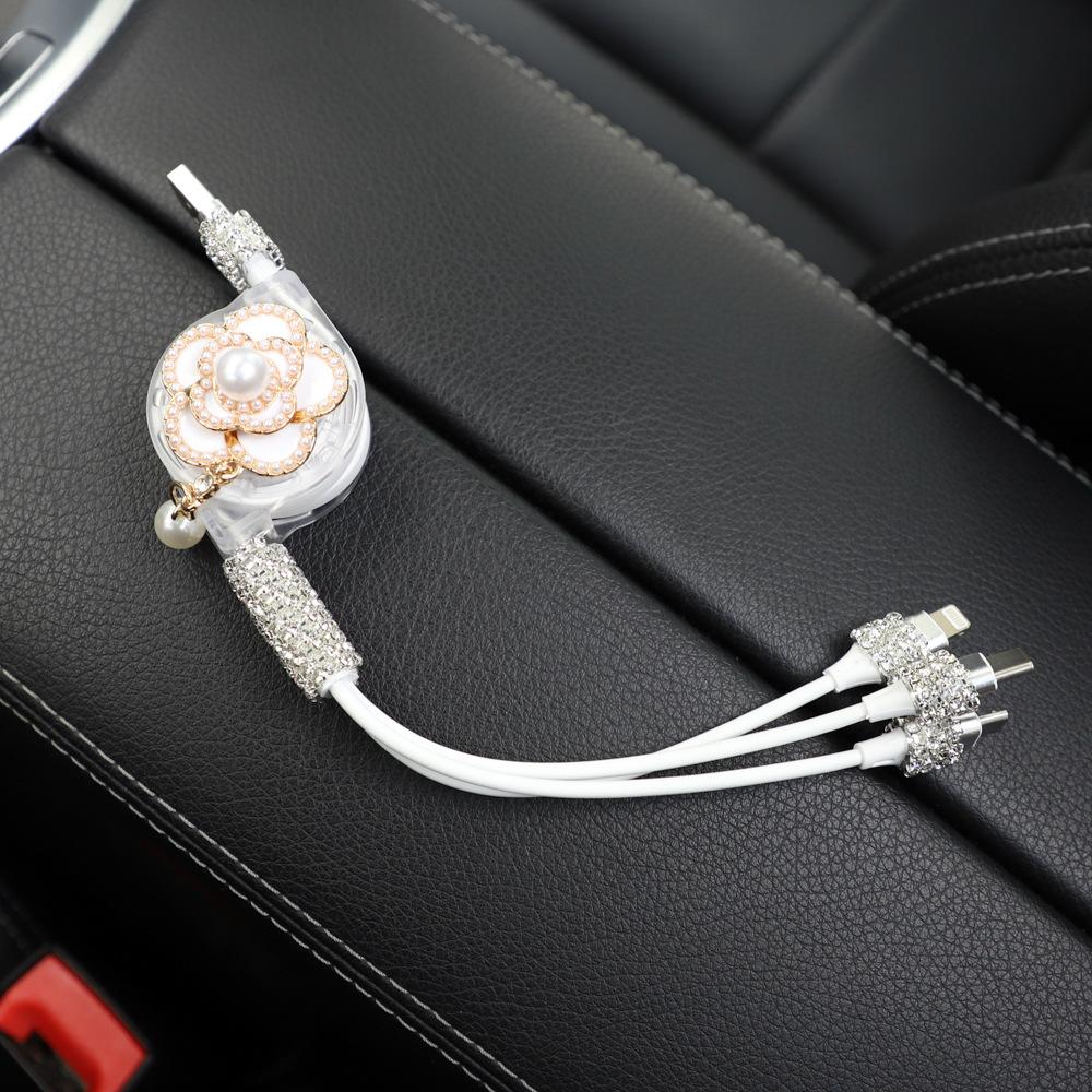 

Camellia Flower Retractable 3 в 1 Автомобильное зарядное устройство Rhinestone Diamond Crystal 3 в 1 USB-кабель для быстрой зарядки Автомобильные аксессуары белый