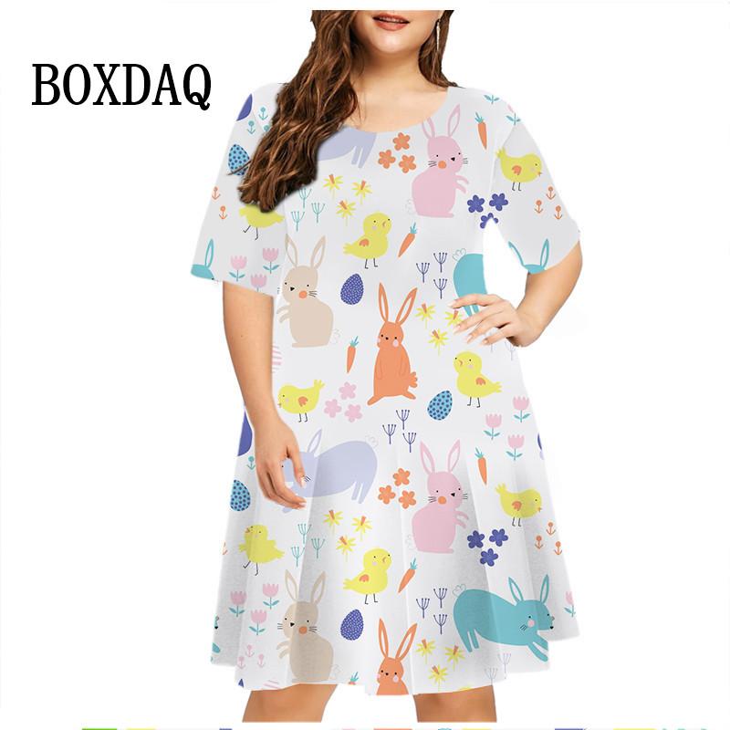 3D Cartoon Hase Print Kleid Osterei Kleid Damen Kurzarm Mode Kawaii Freizeitkleider Party Übergroße Damenbekleidung