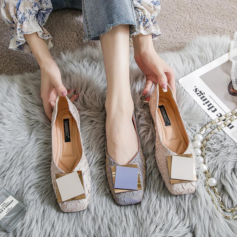 Square Head Large Size Single Shoes Women's Square Buckle Soft Flat Bottom One Pedal Doudou Shallow Mouth Large Size Ladyshoes Size 34-42