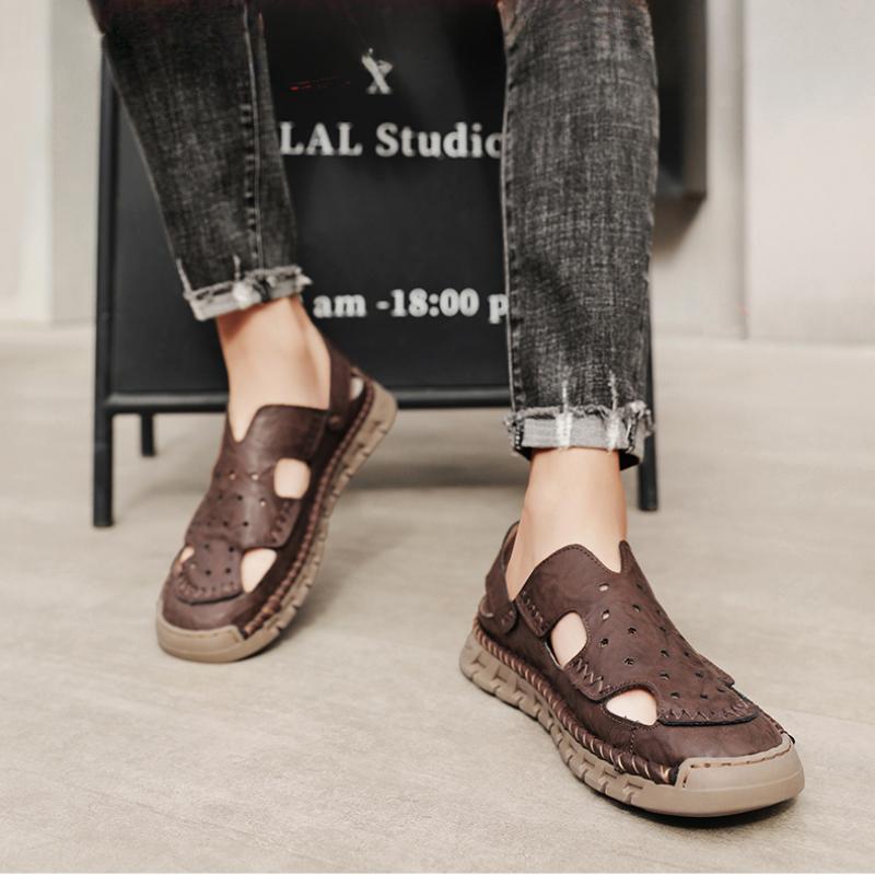 Pánské kožené sandály odolné, ručně vyráběné boty se šitím, neklouzavé boty s uzavřenou špičkou pro vnitřní venkovní pláž