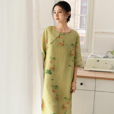 Women Vintage Dress O-Neck Half Sleeve Print Floral Button Summer High Quality Chinese Style A-Line Dress