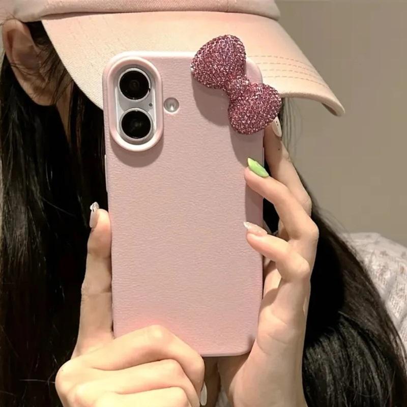 Cute 3D Diamond Bow Pink Phone Case For iPhone 17 16 15 14   11 Pro Max XR X XS Leather Texture Soft Shockproof Bumper Cover