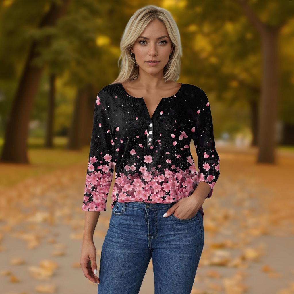 Women's T Shirt Tee Print Button 3/4 Sleeve Daily Weekend Fashion Basic V- Neck Regular Top