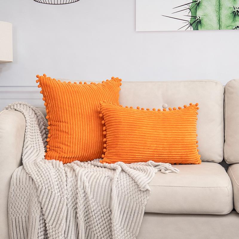 2PCS Boho Chic Corduroy Throw Pillow Cover with Pom-Poms - Soft, Striped Square Cushion Case for Living Room & Bedroom Decor, Perfect for Weddings