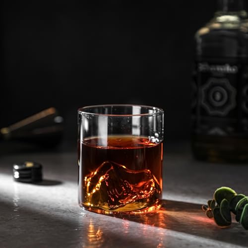 Whiskey glass, rocks glass, sake glass, clear glass tumbler with Kanzan mountain design, wooden box included (approx. 325ml capacity)
