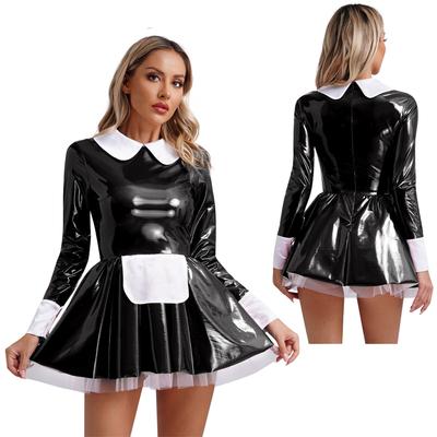 Womens Sweet Maid Cosplay Patent Leather Dress Long Sleeve Satin Apron Tulle Underskirt A-Line Dress Halloween Clubwear