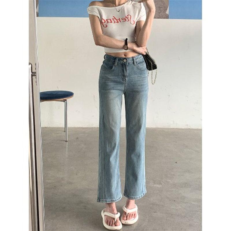 Kumikumi American Retro Worn Looking Washed-out Denim Women's Autumn Slimming All-Matching Youthful-Looking Straight-Leg Pants Cropped Pants