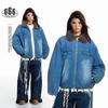 Trendy Retro American Winter Denim Puffer Jacket with Fur Collar for Men and Women