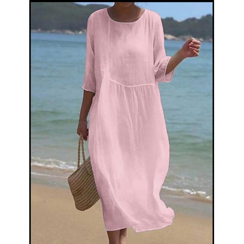 Women's Round Neck 3/4 Sleeve Midi Dress Casual Loose Solid Color Beach Vacation Long Dress