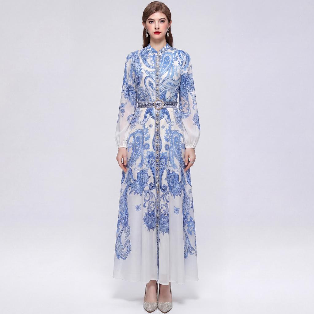 Summer Fashion Floral Print Pleated Party Dress for Women 2026 Autumn Casual Long Sleeve Holiday Prom Party Chiffon Long Dresses