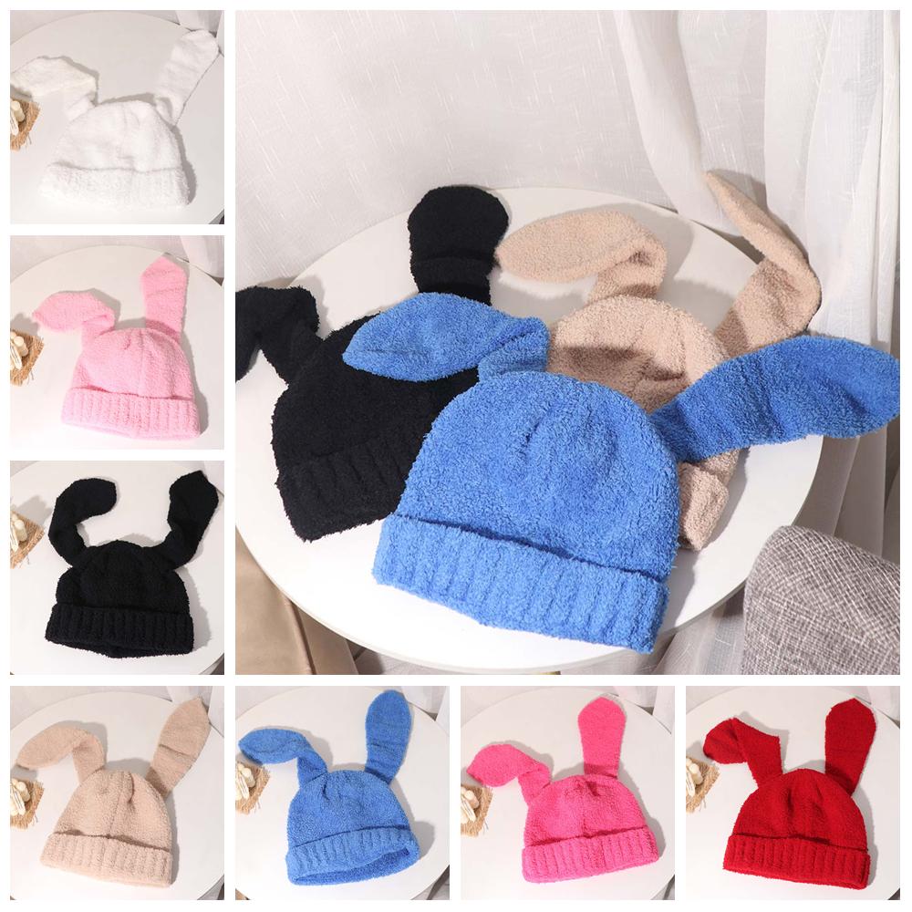 Knitted Women Beanie Hat Solid Color Plush Skull Cap All-match Rabbit Ear Hats  Streetwear