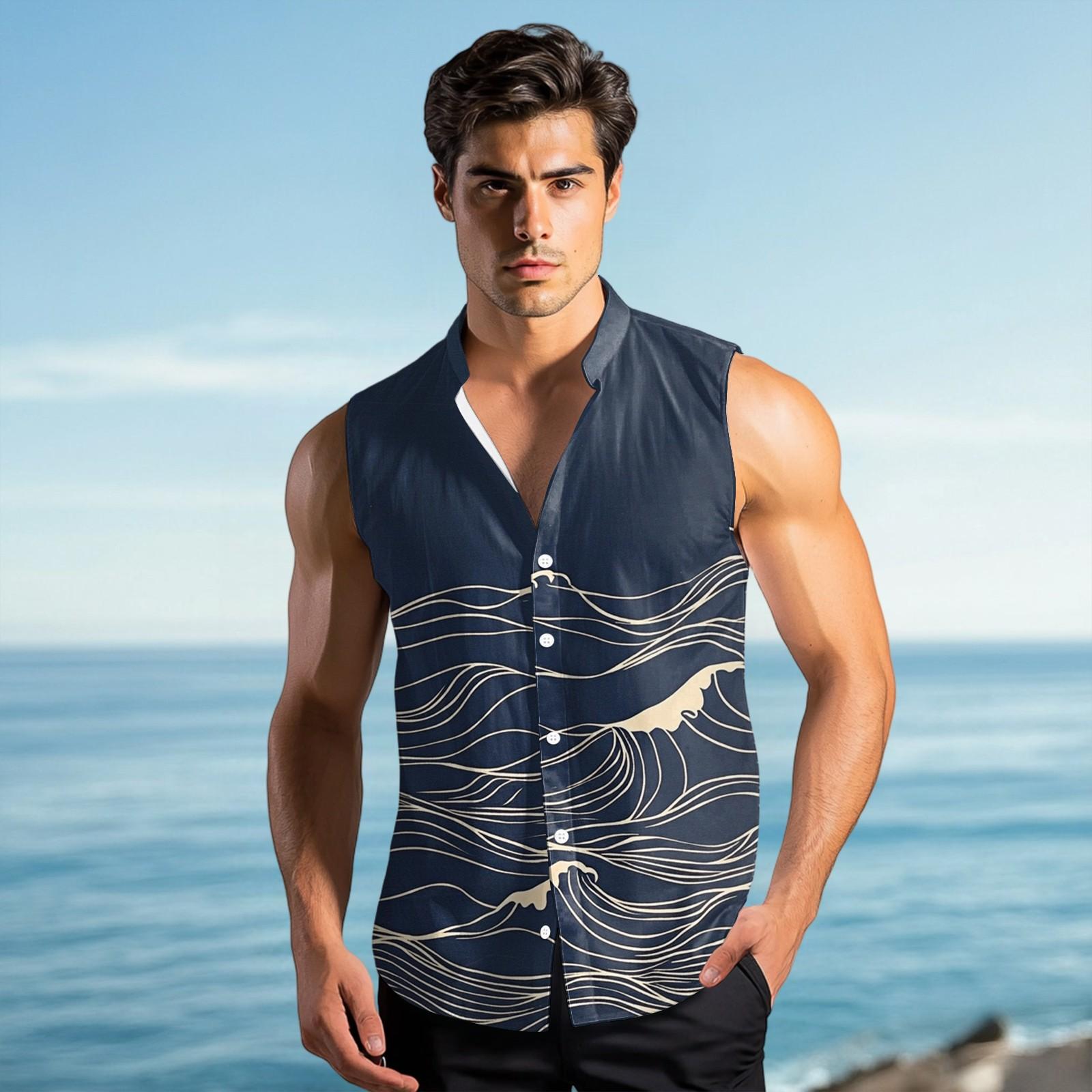 

Мужская модная рубашка без рукавов с лацканами на пуговицах и жилеткой XXL тёмно-синий