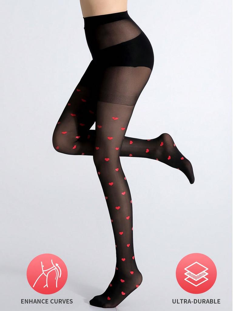 1 Pair Women Black Sweet Heart Pattern Lightweight Sheer Sexy Pantyhose Summer