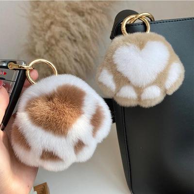Pingente Criativo de Pata de Gato de Pelúcia - Chaveiro Macio de Pelo de Coelho Rex para Mochila ou Carro.