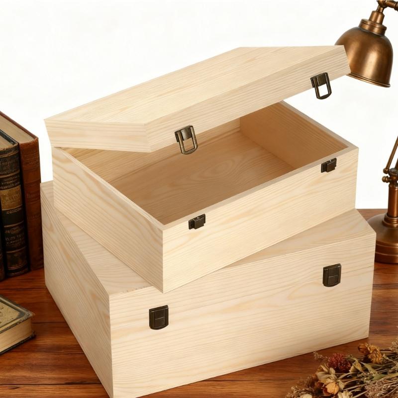 DIY Unfinished Wood Storage Box Large Unfinished Wooden Box with Hinged Lid and Front Clasp for Arts Gifts Jewelry