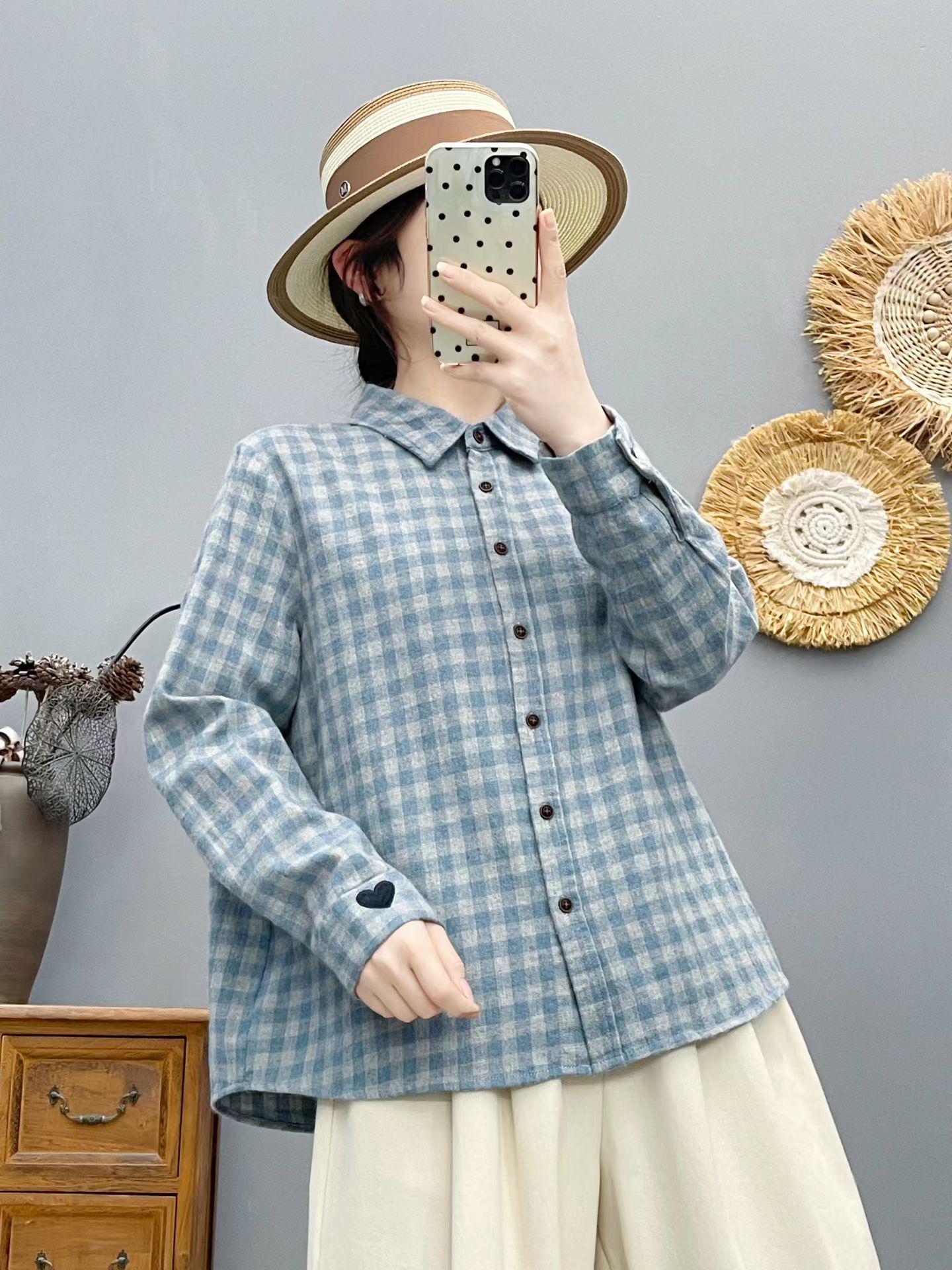 

Women s Loose Slim Brushed Plaid Shirt - Trendy Hong Kong Style Long Sleeve Top for Spring and Autumn 2026. L (Recommended 63–75 kg)