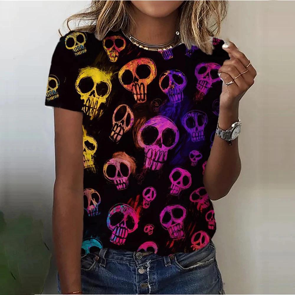 Women's 3D skull print retro T-shirt, round neck short sleeved T-shirt, Harajuku Y2K large T-shirt, women's clothing