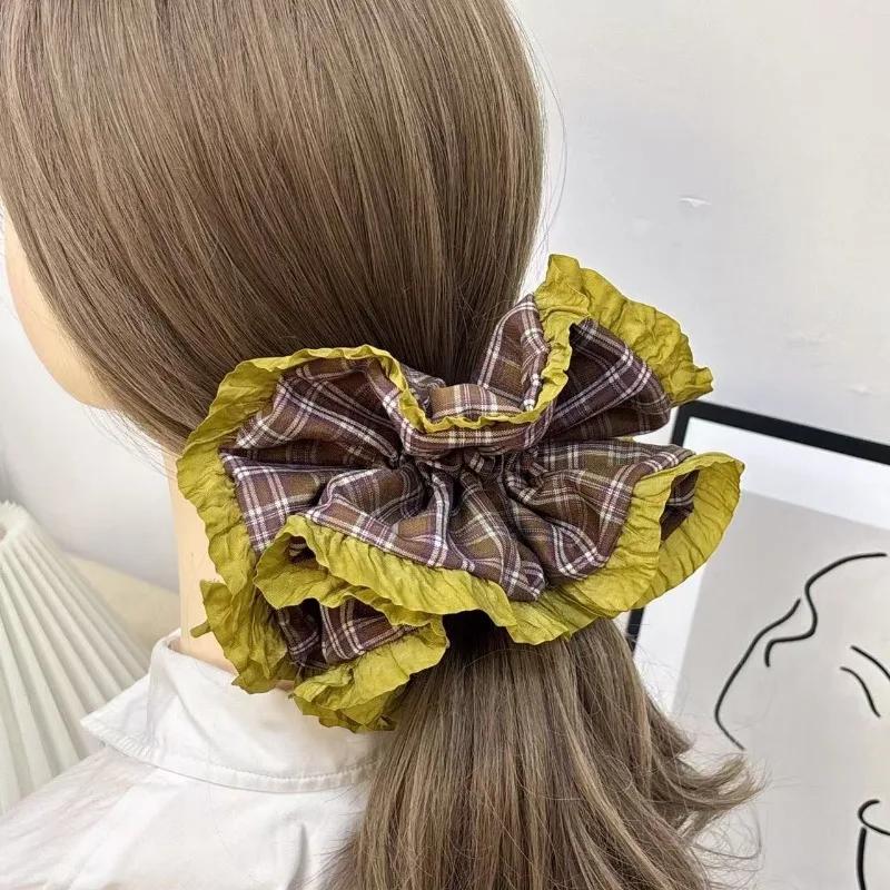 Oversized Plaid Color Contrast Delicate Ruffled Scrunchie Vintage Large Skirt Skirt Ball Head Large Size Style Hair Accessories