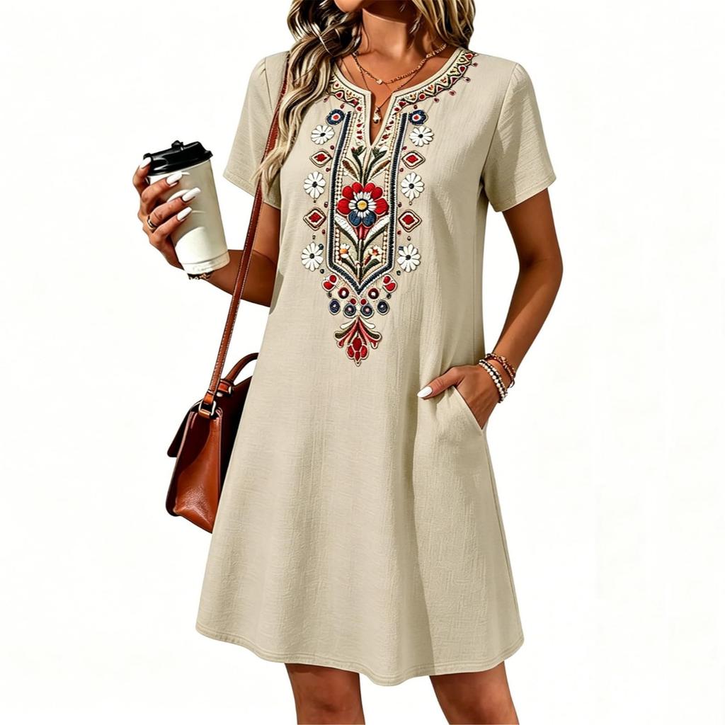 Robe Tunique Unie Brodée Décontractée Ample pour Femme Manches Courtes Col en V avec Poches Légère Confortable