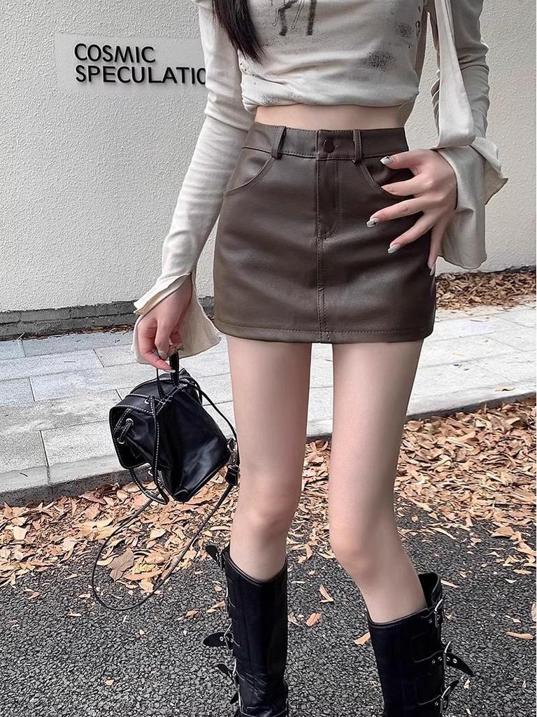 2024 Spring High Waist Black PU Leather A-Line Mini Skirt for Women