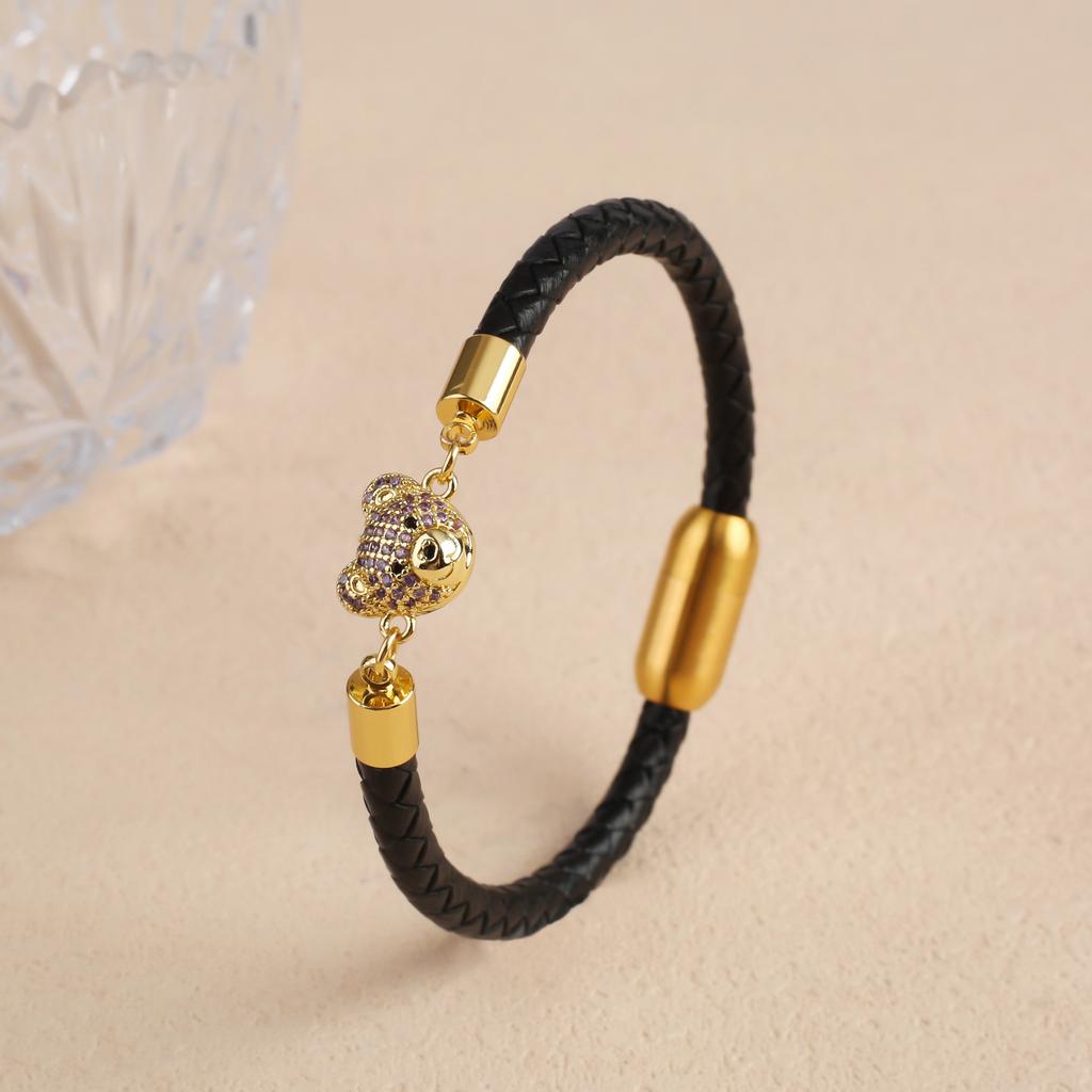 6 Colors Cute Zirconia Animal Bear Leather Braided Bracelet Classic for Man Woman Party Daily Wear Stainless Steel Jewelry Gift