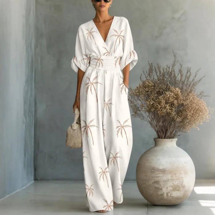 

Elegant Waist-Cinching V-Neck Floral Jumpsuit for Women - 2026 Spring/Summer XL