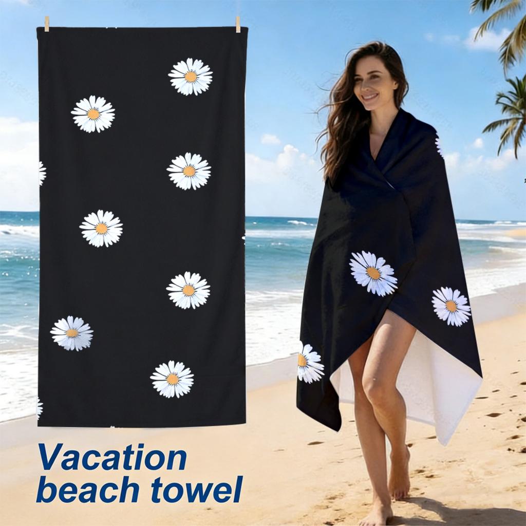 1pc Black Beach Towel with White Daisy Pattern, Perfect for Beach Vacation Picnic Fitness Yoga, Ideal Holiday Gift