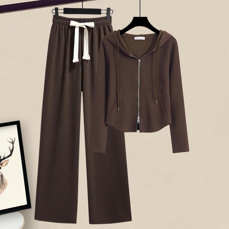 Women's Slimming Casual Hooded Zip-Up Sweatshirt & Wide-Leg Pants Set