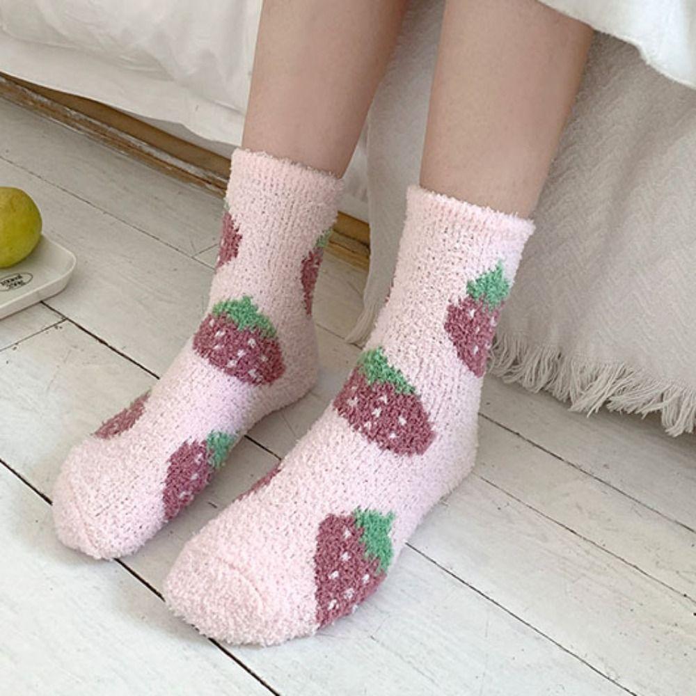 Flower Strawberry Coral Fleece Socks Winter Warm Socks Women Soft Floor Plush Socks  Winter