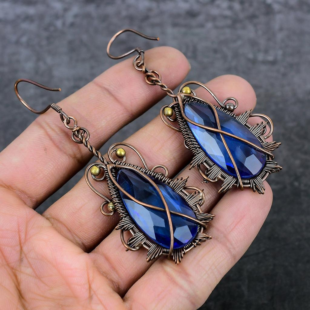 Blautopas Handgefertigter Kupferdraht Wickel Schmuck Ohrring 3,39" O2A05