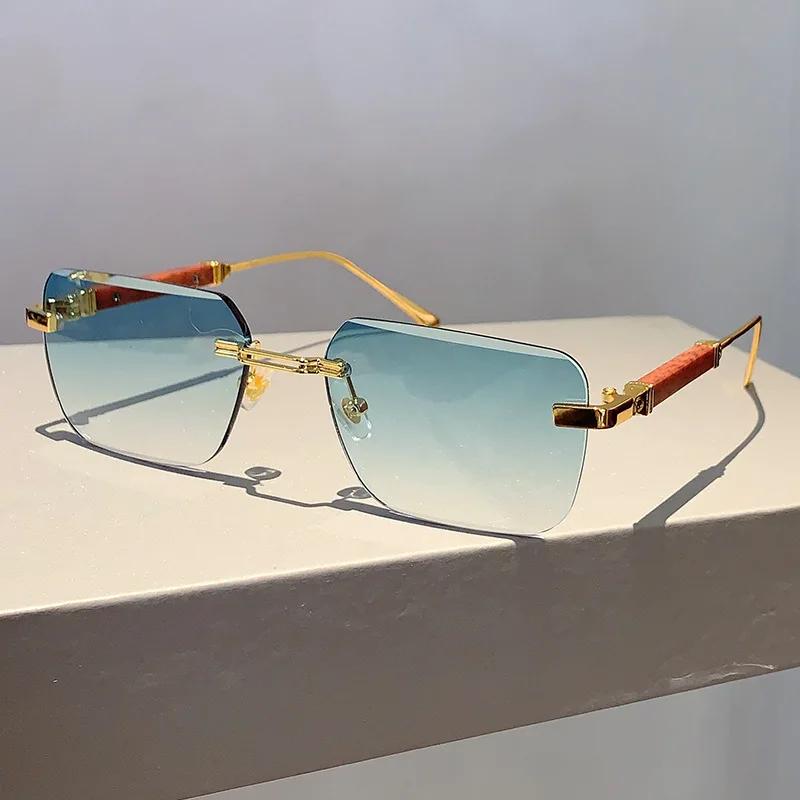 Popular Vintage Rimless Square Sunglasses Women For Men Sun Glasses Punk Pink Shade Luxurious Brand Designer Metal Material Eyeglasses UV400