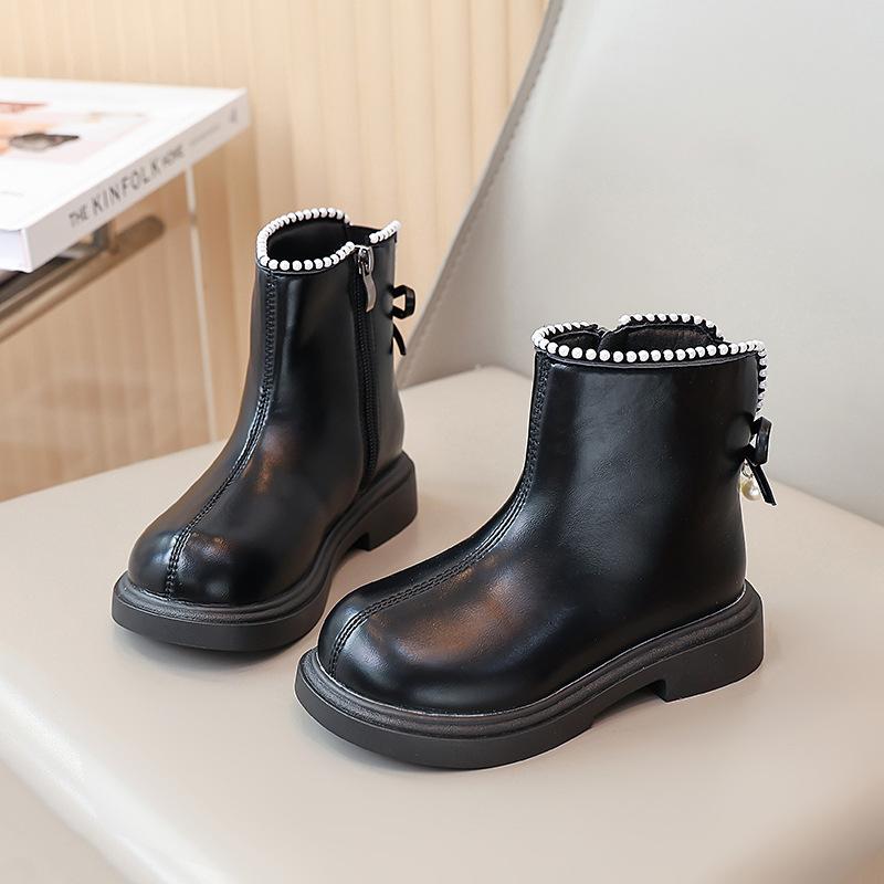 Girls' short boots, foreign princess leather boots, pearl bow children's Martin boots 2025 autumn and winter new fashion single boots