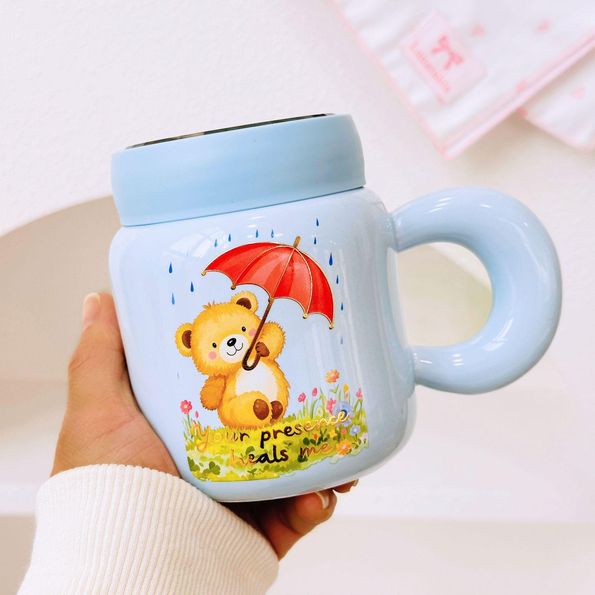 

Souvenir with Lid Cartoon Ceramic Cup Dustproof Mirror Cup Cute Bear Mug Gift Box Girl Couple Cup 350ML