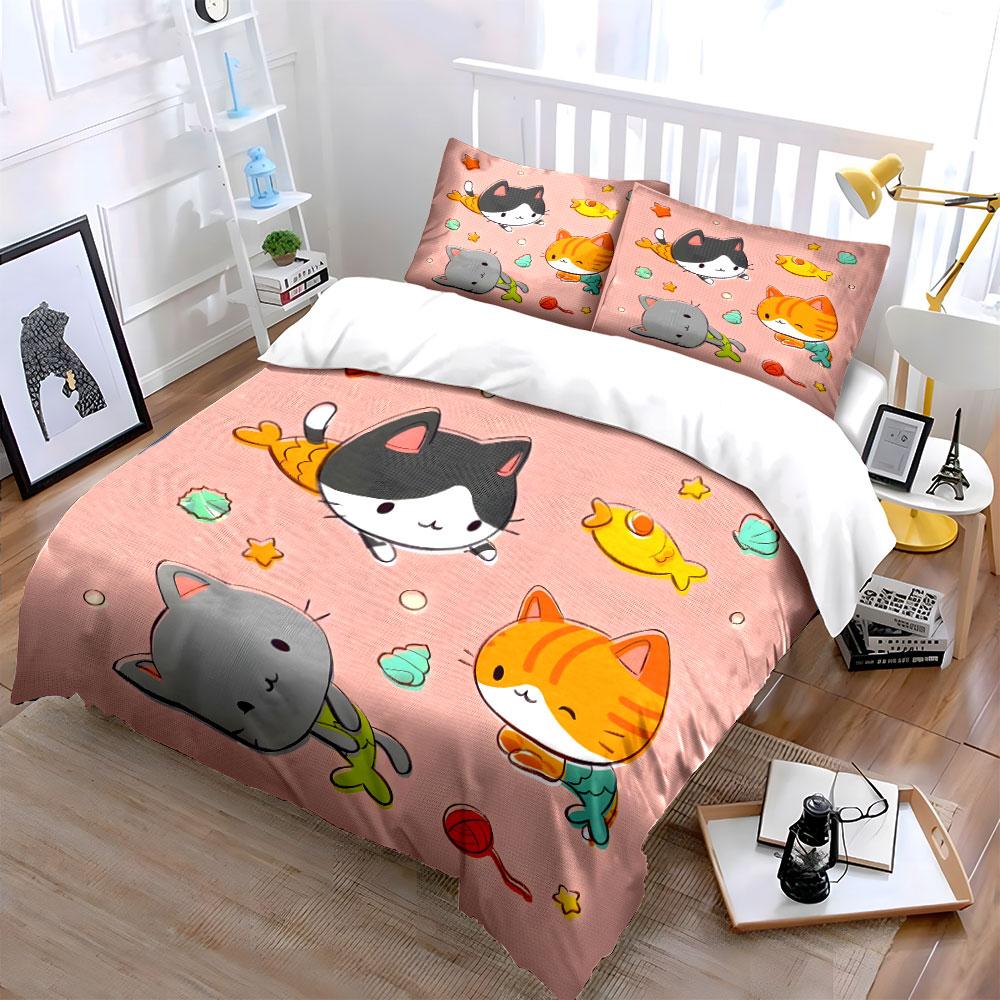 "Cartoon Cat Trio Decoration Set" Bedding Set with 1 Duvet Cover 2 Pillowcases Single Double King Queen, Gift