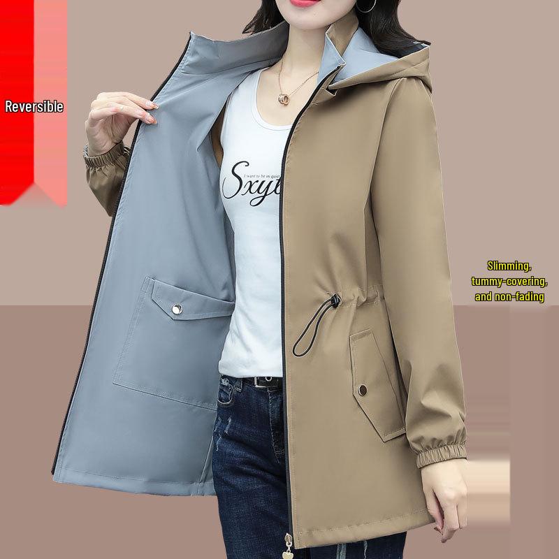 2025 New Women's Mid-Length Slimming Trench Coat, Belly-Covering, Double-Sided Wear, Short Jacket