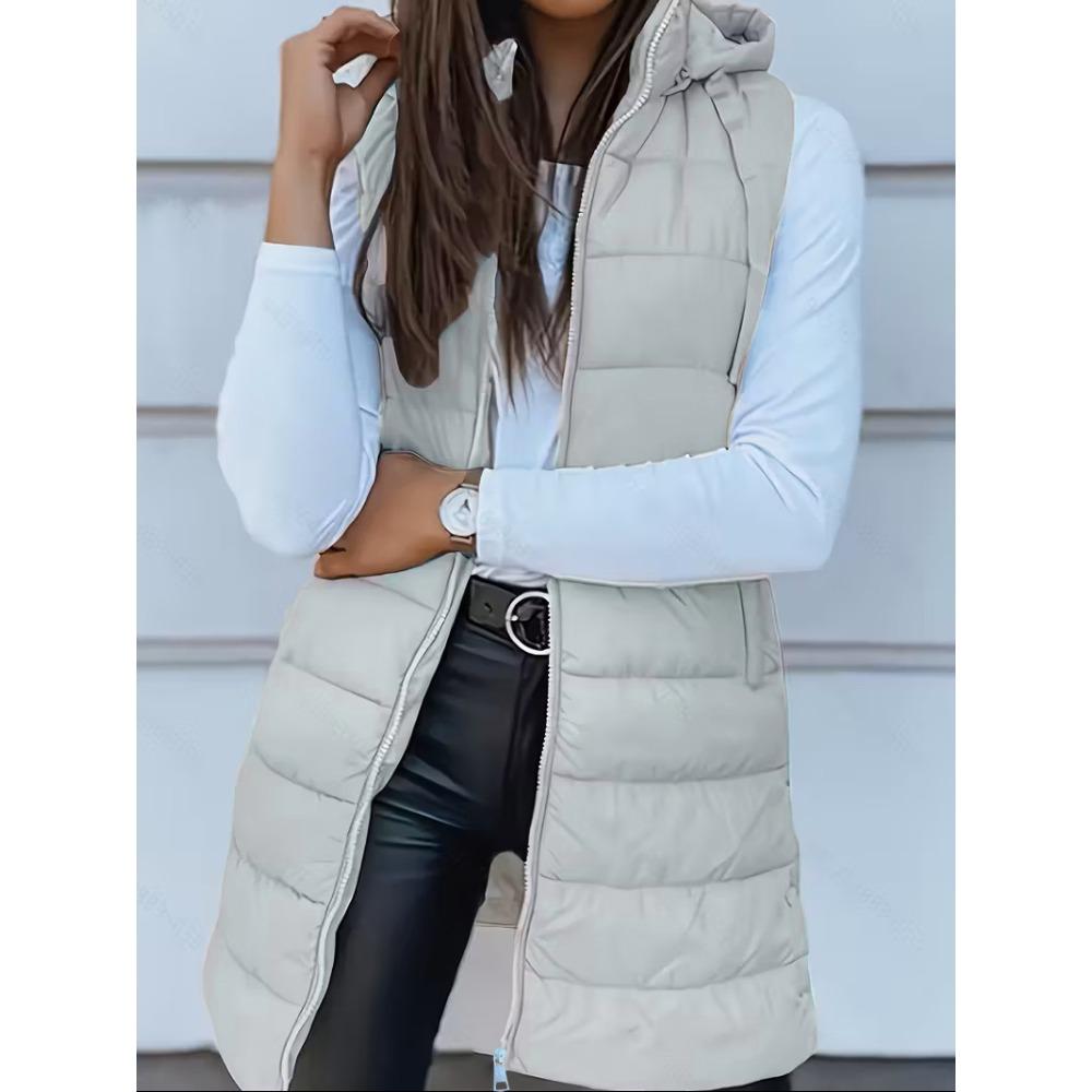 Autumn Winter Solid Color Hooded Zip Cotton Vest Women Mid-Length Plus Size Padded Gilet Coat