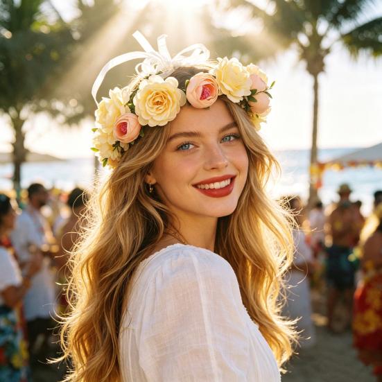 Bridal Flower Crown Bohemian Rose Flower Crown Summer Holiday Flower Headband Floral Hair Accessory for Wedding Bridesmaid Beach Vacation