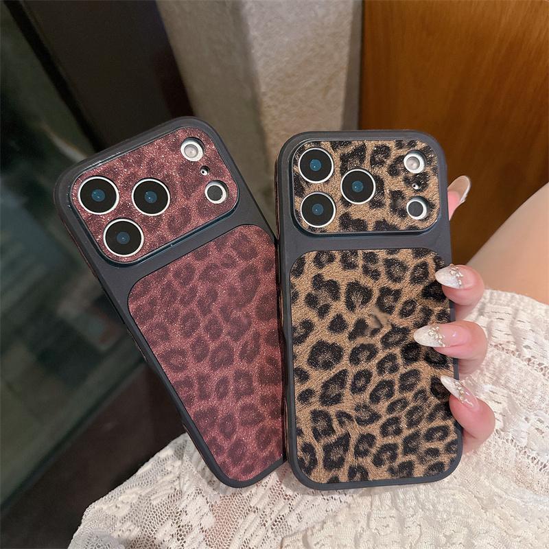 Fashion Leopard Print Leather Texture Phone Case For iPhone 17 16 15 14 13 Pro Max Instant Turn 17 Large Window Shockproof Cover