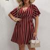 Mode Kurzarm Gestreift V-Ausschnitt Große Größe Kleid Elegante Damen Hohe Taille Lose Lässig A-Linie Party Kurzes Böhmisches Kleid Weibliche Damenbekleidung