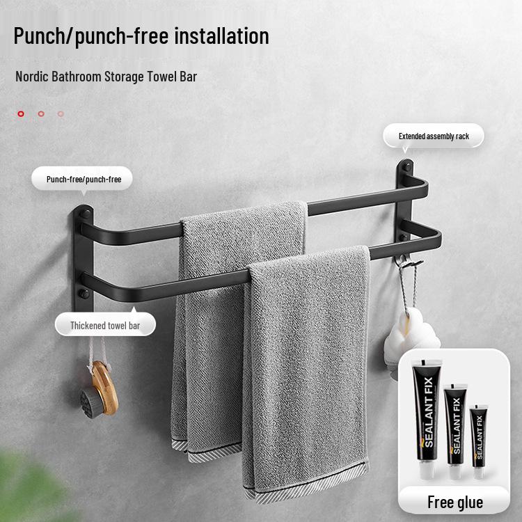 Černý hliníkový koupelnový držák na ručníky bez vrtání s třípatrovou policí a věšákem