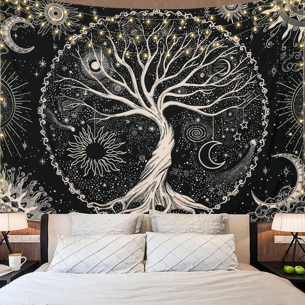 Dremisland Tree of Life Tapestry Trippy Mandala Wall Tapestry Sun and Moon Tapestries Black Galaxy Stars Bohemian Aesthetic Wall Hanging Bedroom Home