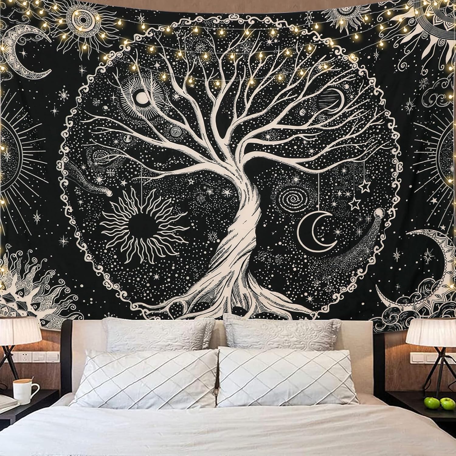 Dremisland Tree of Life Tapestry Trippy Mandala Wall Tapestry Sun and Moon Tapestries Black Galaxy Stars Bohemian Aesthetic Wall Hanging Bedroom Home 100X70CM