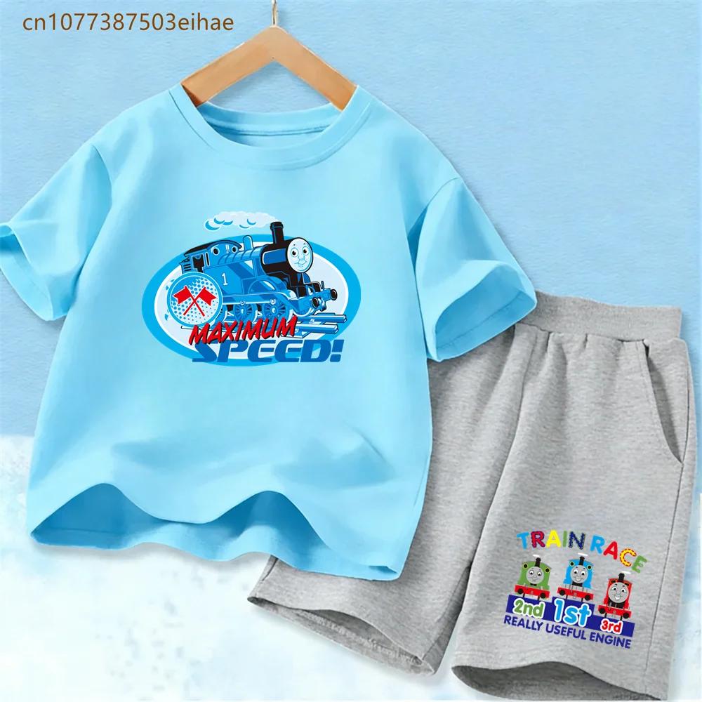 Kids Thomas Train Head Cartoon Summer Set Soft Polyester Short Sleeve T-shirt Match Breathable Shorts 2Pcs Casual Comfortable